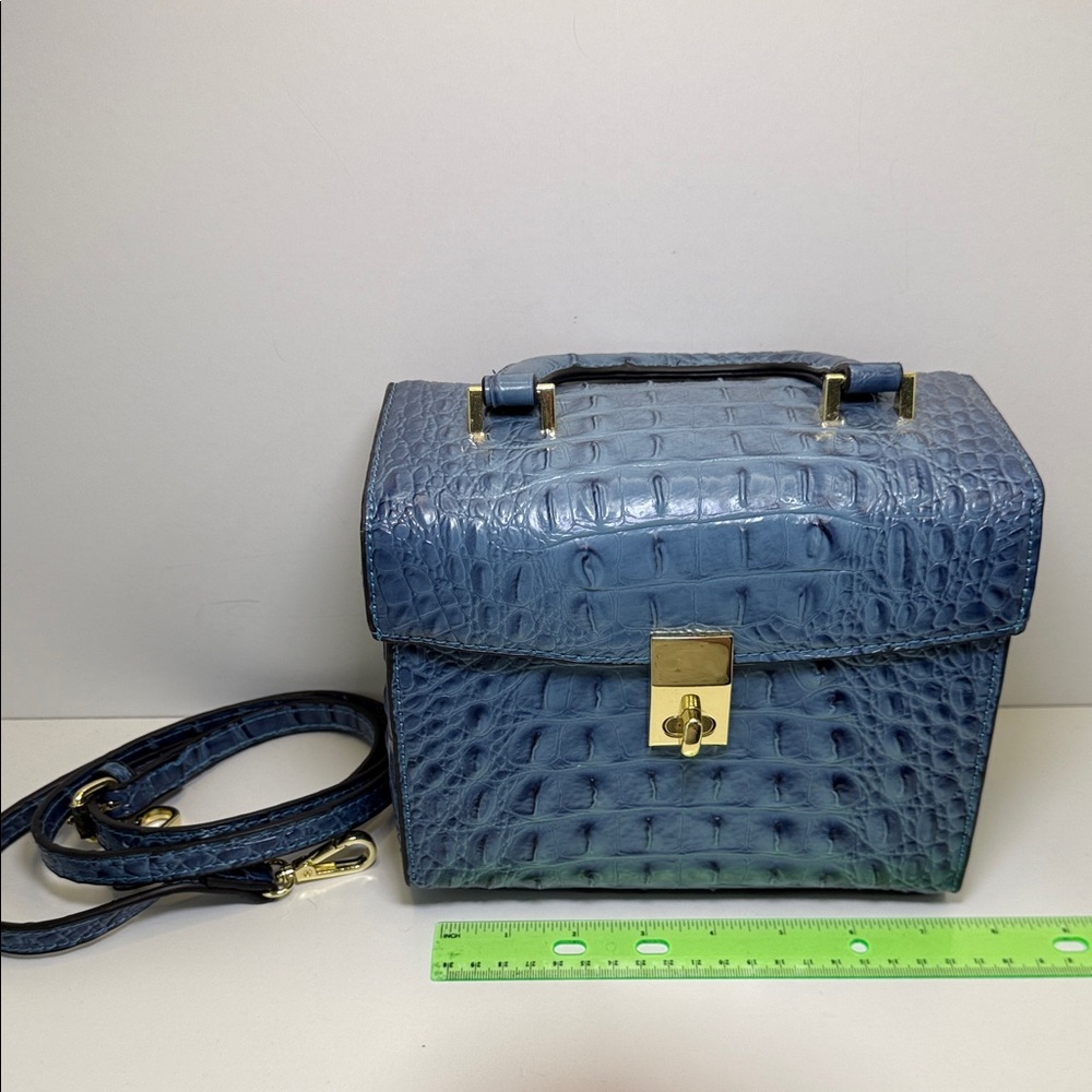 Structured Blue Croc-Embossed Top-Handle Satchel - Picture 6 of 9